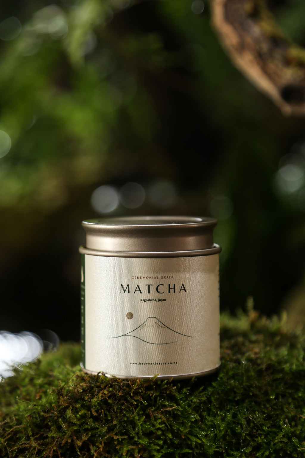 A silver metal tin of matcha tea with a cream label, resting on green moss in a natural forest setting.